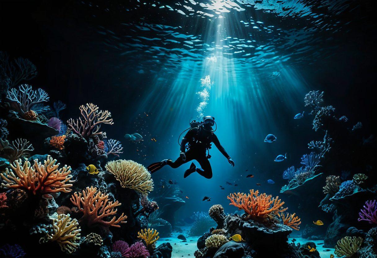 A serene underwater scene depicting a diver exploring a dark, mysterious ocean filled with bioluminescent creatures illuminating the surroundings. The diver, wearing sleek gear, is reaching out towards a glowing coral formation, symbolizing discovery and fulfillment. Shadows play across the deep blue water, creating an atmosphere of intrigue and tranquility. The contrast between darkness and light evokes a sense of bliss amidst the enigmatic depths. super-realistic. vibrant colors. dramatic lighting.