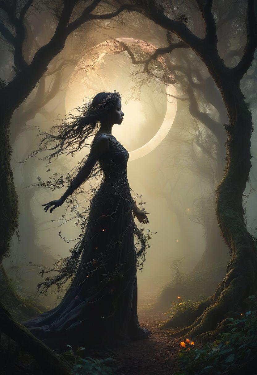 A whimsical, shadowy forest shrouded in mist, where glowing eyes peek from behind twisted trees. In the center, a figure with a joyful expression dances under a crescent moon, surrounded by dark flowers and enigmatic symbols. Ethereal wisps of light entwine with darker shadows, creating a captivating contrast. The scene conveys a blend of mystery and delight, inviting viewers into a world where darkness is embraced. surrealism. vibrant colors. ethereal glow.