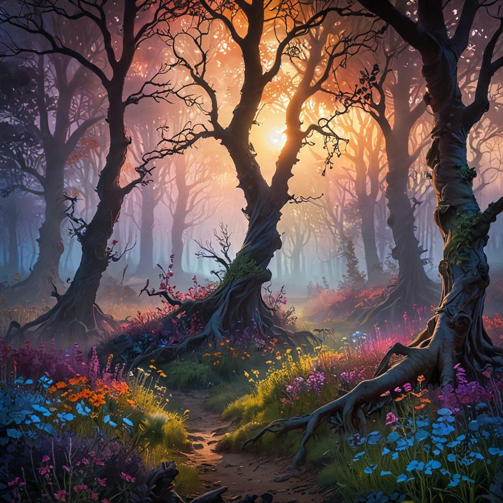 A mesmerizing scene depicting a dark forest transitioning into a vibrant, colorful meadow, symbolizing the journey from darkness to delight. Ethereal mist floats among twisted, gnarled trees, leading to blooming flowers under a radiant sunrise. Whimsical creatures peeking through the foliage enhance the contrast between sinister and joyful elements. Artfully illustrated with a blend of shadowy tones and bright hues to evoke emotion. vibrant colors. fantasy art.